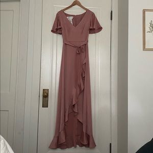 David’s Bridal pink satin ruffle dress.